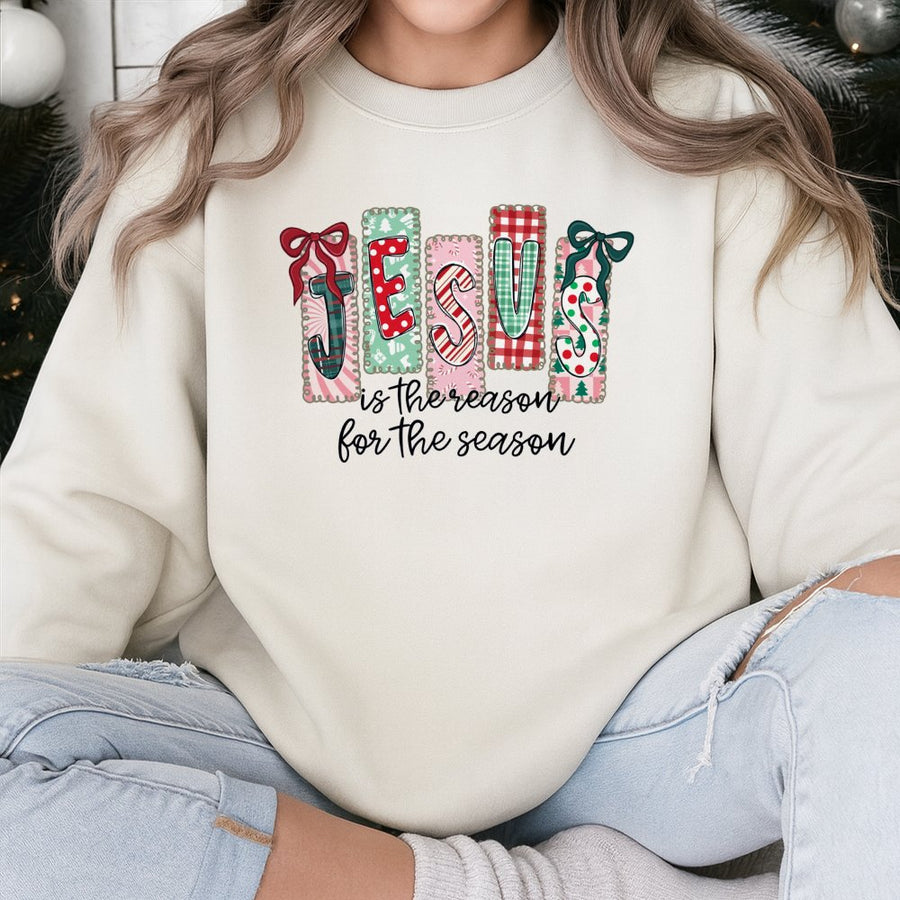 Jesus Is The Reason For The Season Sweatshirt | Plaid Christmas Lettering | Cotton Polyester Blend | Religious Christian Gift For Her
