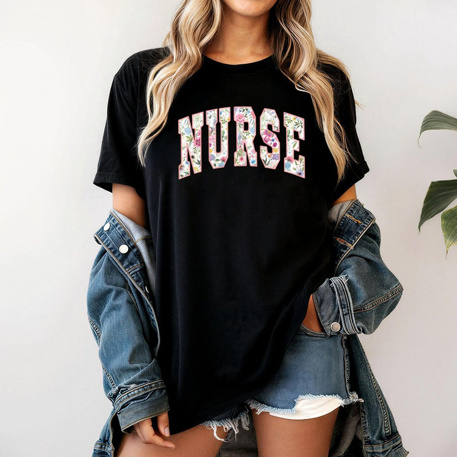 Floral Nurse T-Shirt | Varsity Letter Botanical Graphic Print | 100% Cotton Premium Tee | Nurse Appreciation Graduation Gift For Her