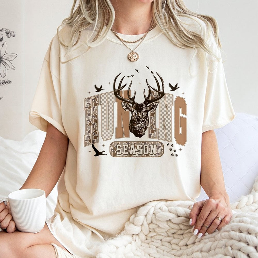 Hunting Season T-Shirt | Camo Deer and Duck Graphic Print | 100% Cotton Premium Apparel | Outdoorsman Gift for Hunters