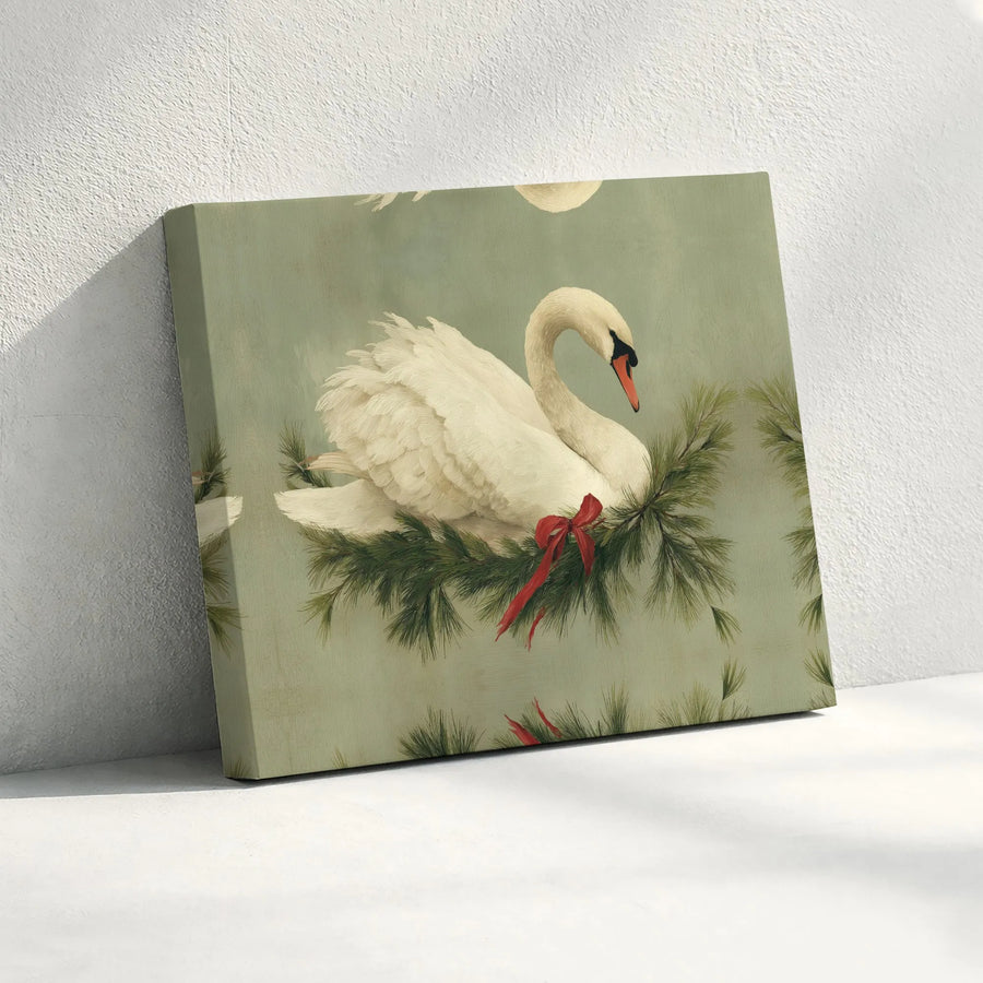 White Swan Canvas Print | Festive Pine Branch & Red Bow Wall Art | Premium Gallery Wrapped Decor | Elegant Holiday Home Decor Gift