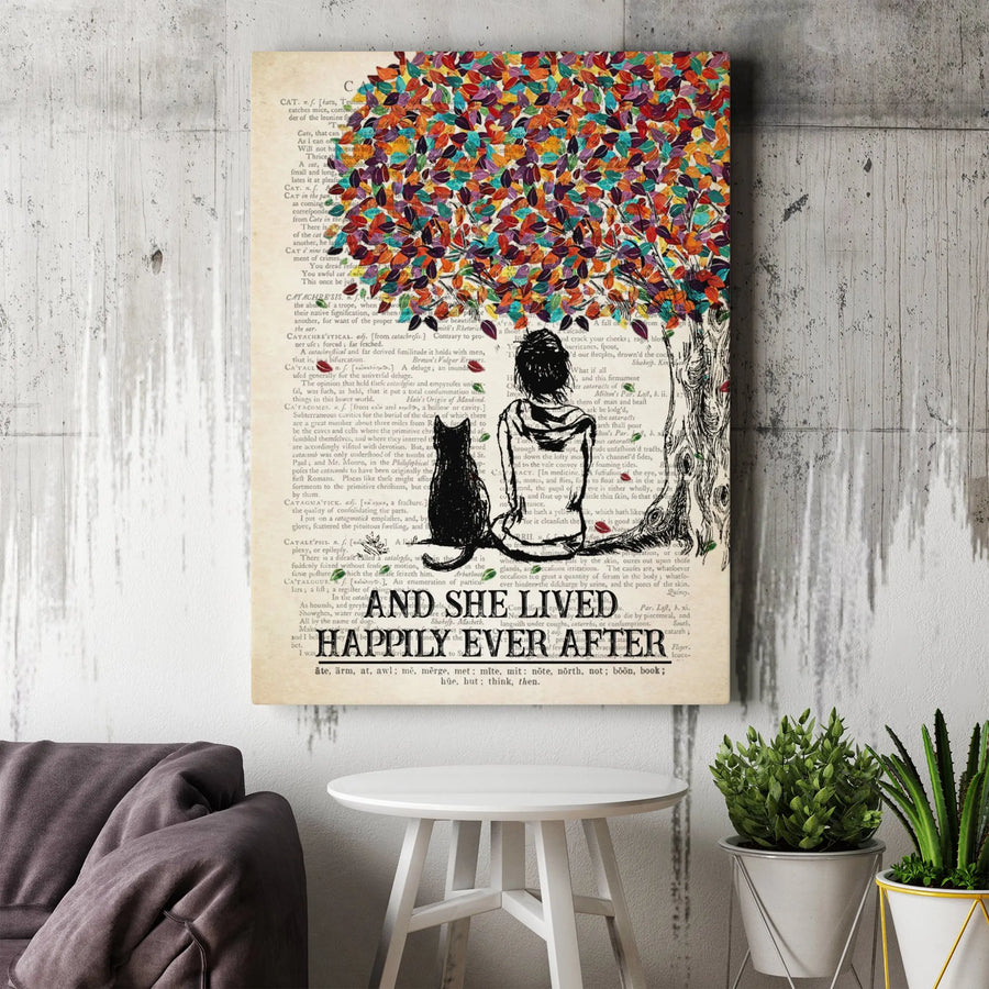 Cat Lover Wall Art Canvas | And She Lived Happily Ever After Dictionary Print | Gallery Wrapped Premium Decor | Gift For Women & Cat Moms
