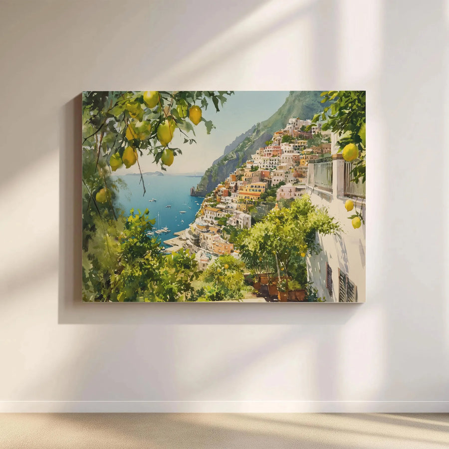 Positano Italy Canvas Wall Art | Watercolor Painting with Lemon Trees | Premium Fade-Resistant Print | Mediterranean Home Decor Gift