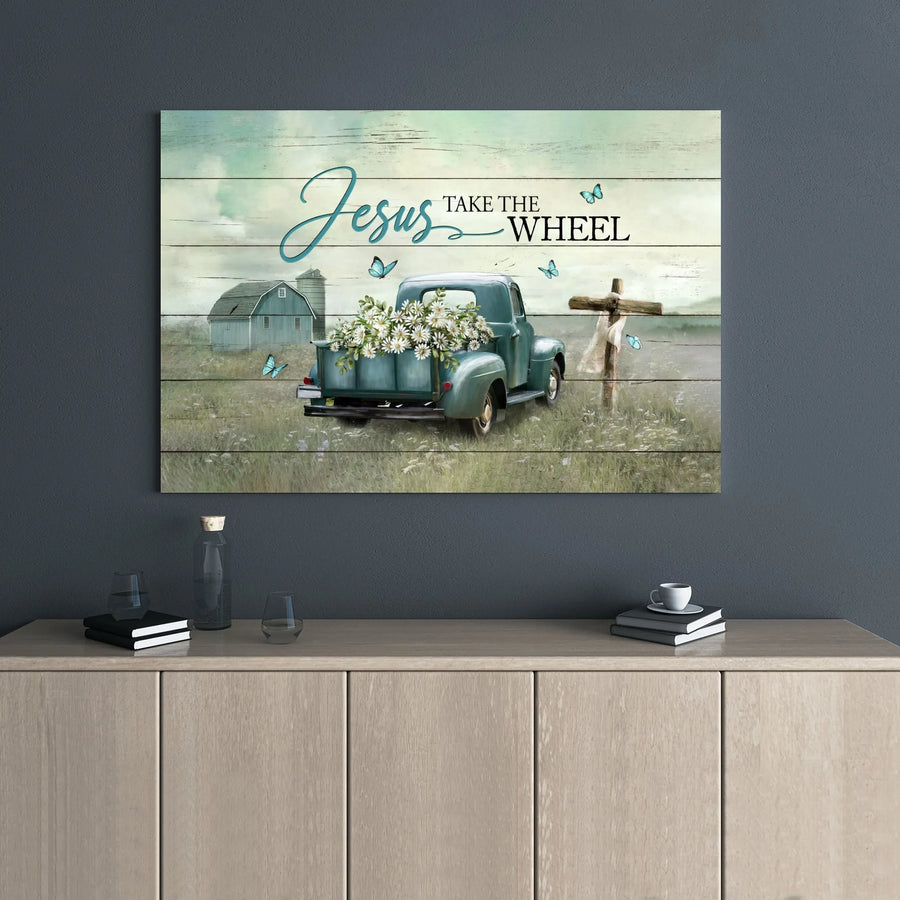 Jesus Take The Wheel Canvas Wall Art | Vintage Farmhouse Truck with Daisies and Cross | Premium 1.25-inch Gallery Wrap | Inspirational Christian Home Decor Gift