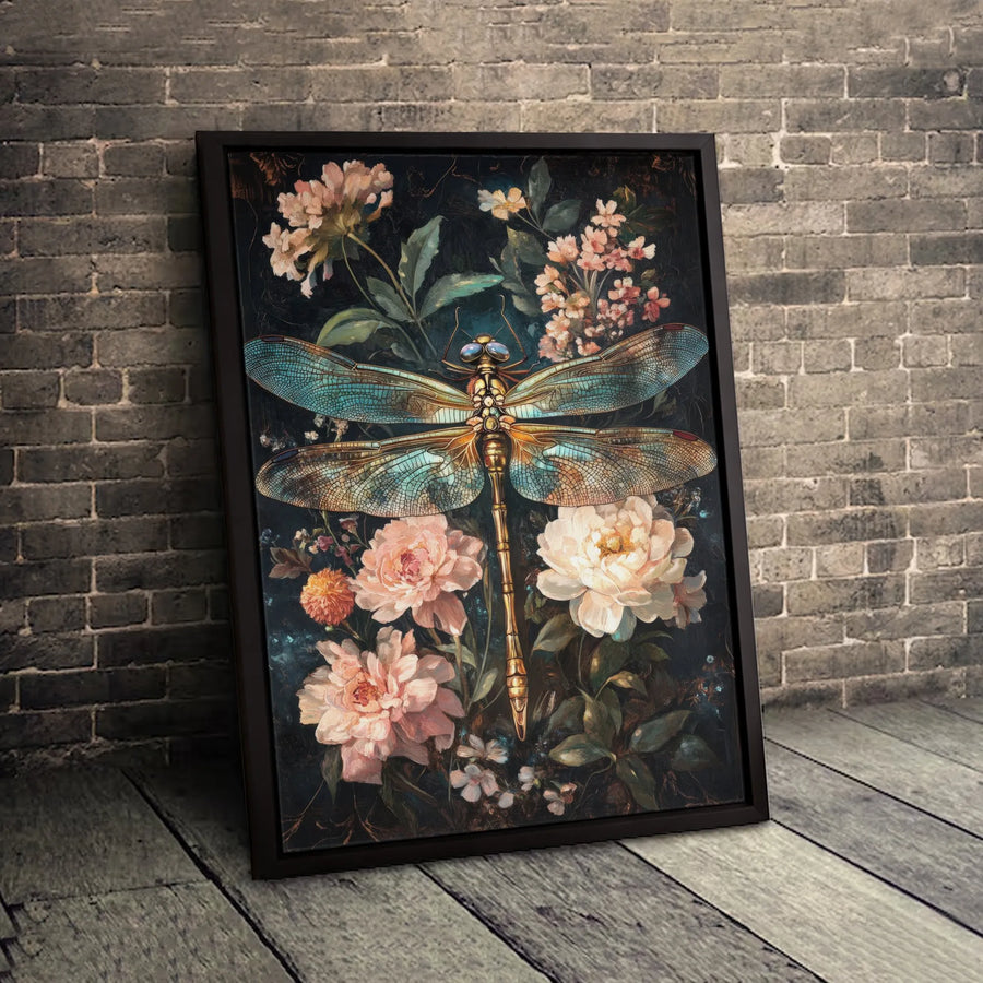 Dragonfly Wall Art | Dark Floral Peony Painting | Premium Gallery-Wrapped Canvas | Elegant Home Decor Gift for Nature Lovers