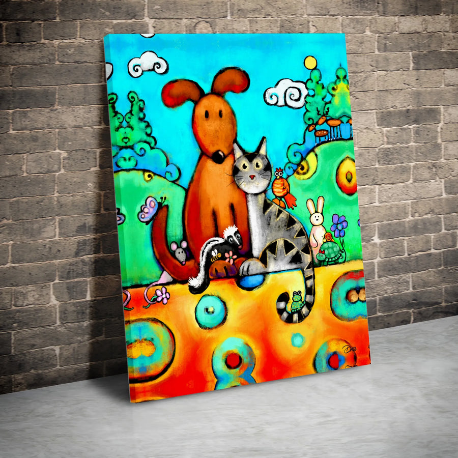 Whimsical Dog and Cat Wall Art | Colorful Folk Art Animal Print | Premium 1.25" Gallery Wrapped Canvas | Nursery Decor or Living Room Gift
