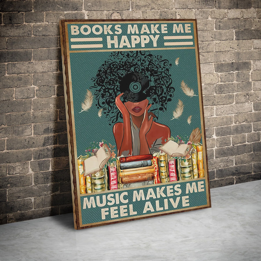 Books Make Me Happy Music Makes Me Feel Alive Canvas | Black Woman Afro Vinyl Hair Art | Premium Gallery Wrapped Wall Decor | Gift for Readers & Music Lovers
