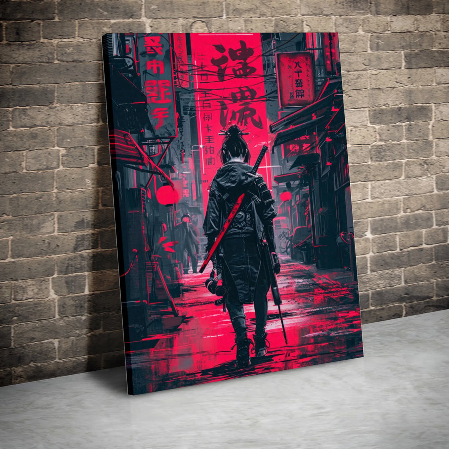 Cyberpunk Samurai Canvas Art | Futuristic Neon Red Urban Warrior Wall Decor | Premium 1.25" Gallery Wrapped Print | Gift for Sci-Fi Fans