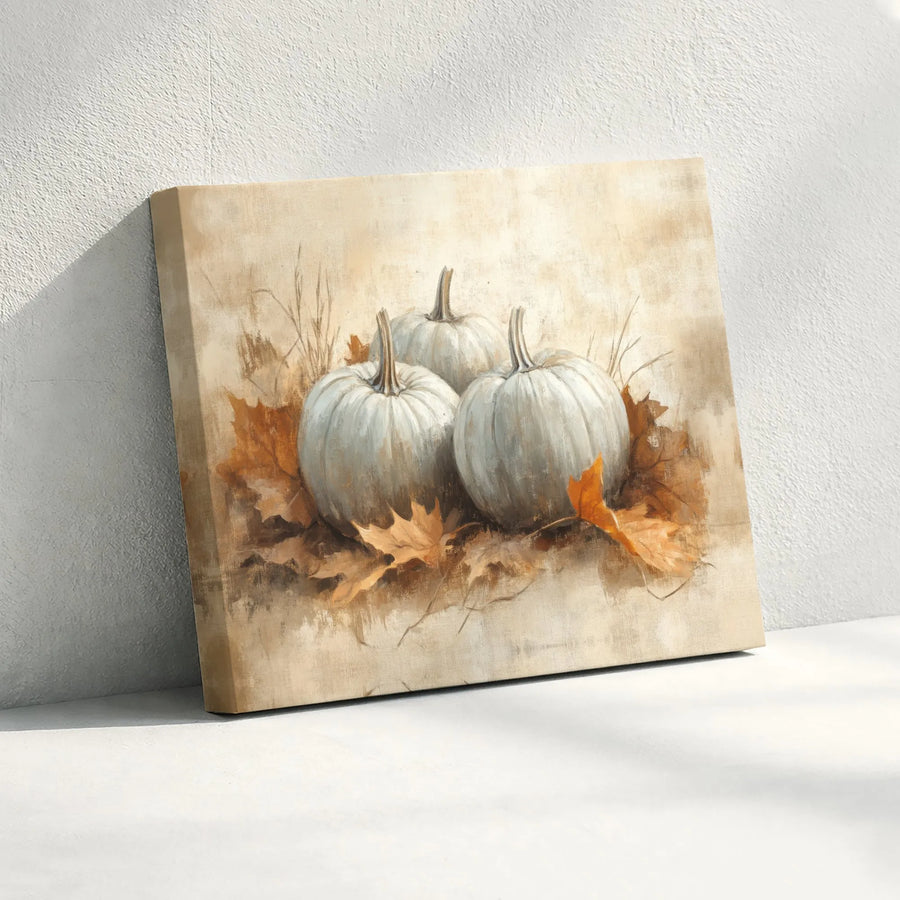 White Pumpkin Canvas Print | Rustic Autumn Harvest Oil Painting Style | Premium 1.25" Gallery Wrap | Fall Farmhouse Home Decor Gift