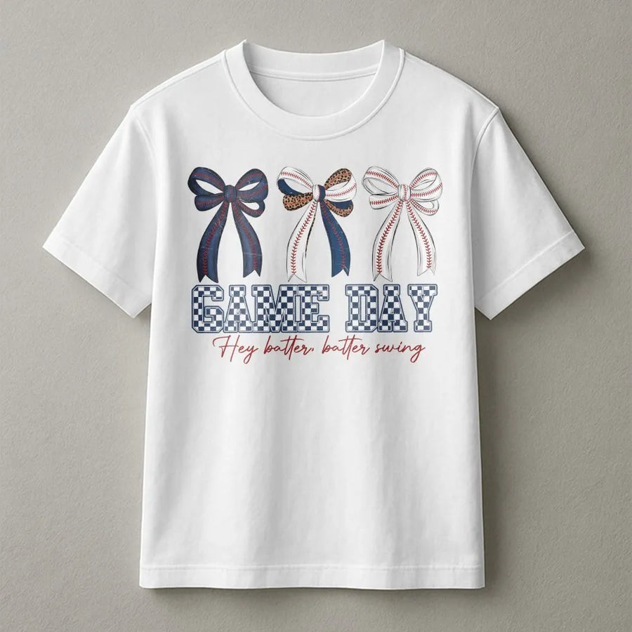 Baseball Game Day T-Shirt | Coquette Bows & Checkered Text | 100% Soft Cotton | Trendy Baseball Mom Gift for Softball Fans