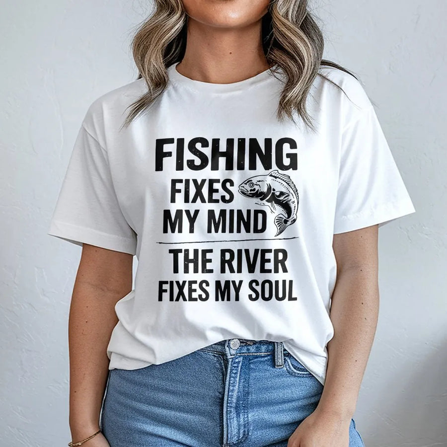 Funny Fishing T-Shirt | Fishing Fixes My Mind River Fixes My Soul | Soft Cotton Blend Pullover | Unique Gift for Fisherman