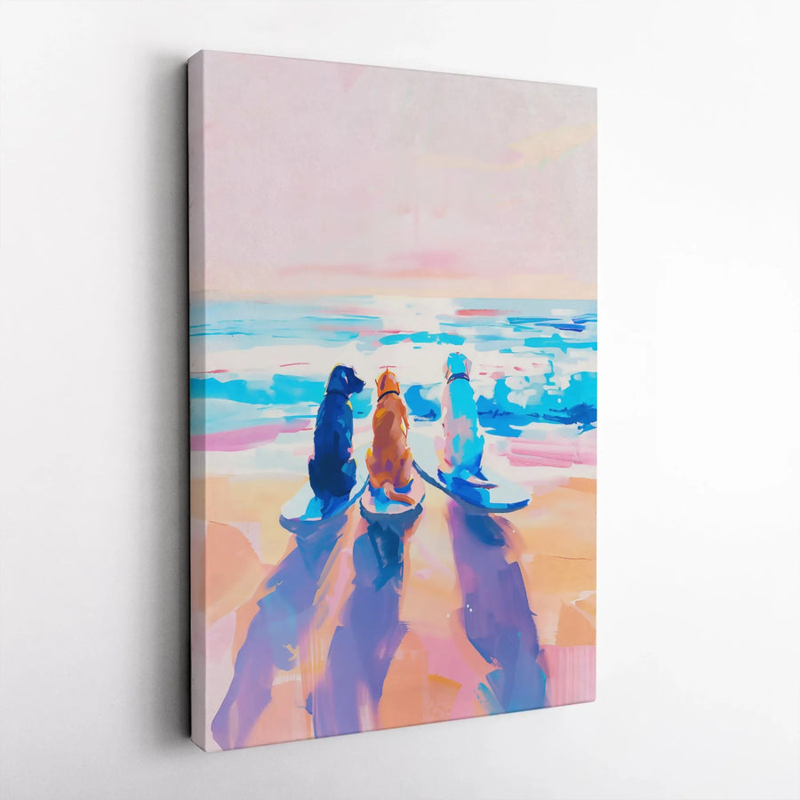 Surfing Dogs Canvas Wall Art | Painterly Beach Scene | 1.25-Inch Premium Gallery Wrap | Coastal Decor Gift for Dog Lovers