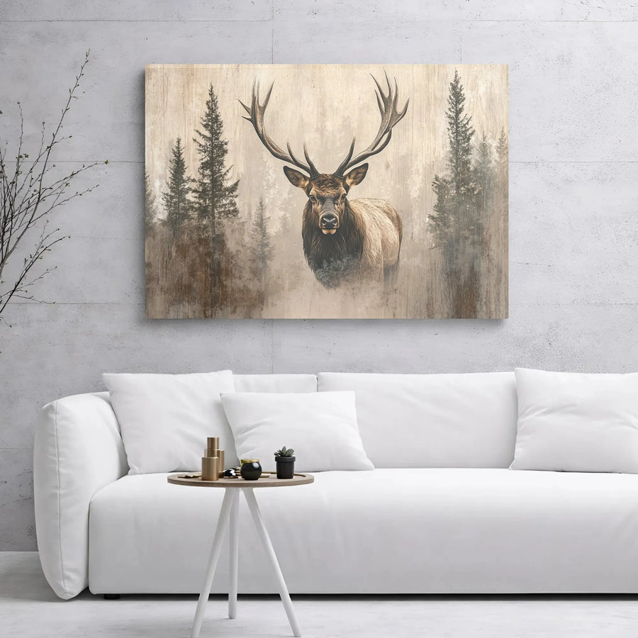 Bull Elk Wall Art | Misty Pine Forest Nature Landscape | Premium 1.25-Inch Gallery Wrap Canvas | Rustic Lodge Decor for Nature Lovers