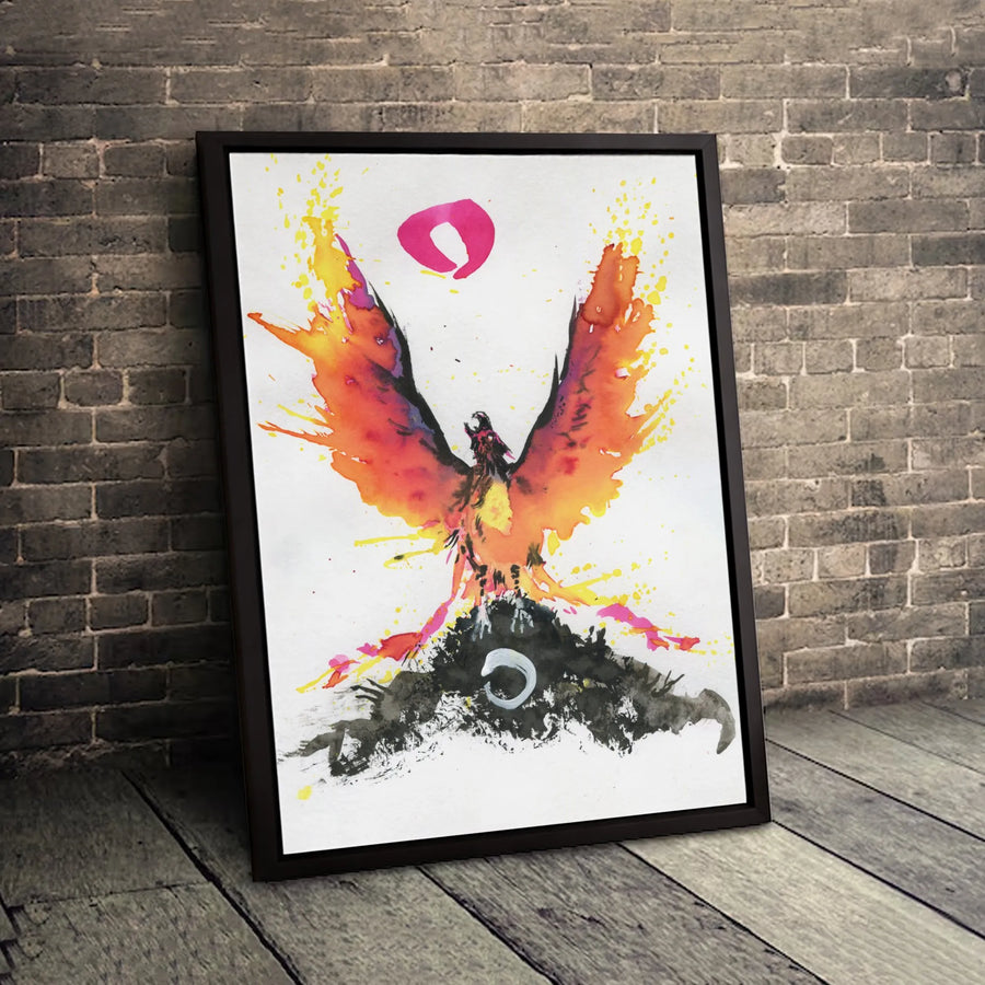 Phoenix Rising Canvas Wall Art | Abstract Watercolor Japanese Ink Wash Style | Premium Gallery Wrap | Symbolic Home Decor Gift for Mythology Fans