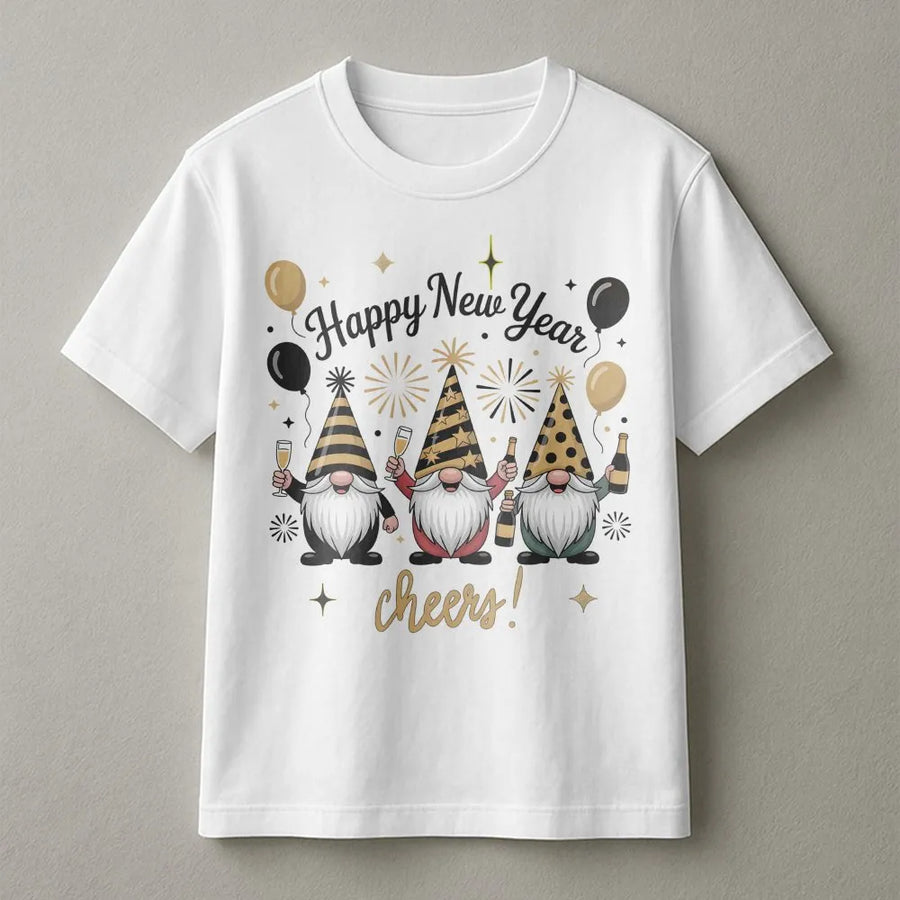 Happy New Year Gnomes T-Shirt | Festive Champagne Toast Graphic | 100% Cotton Premium Tee | Holiday Party Gift for Men and Women