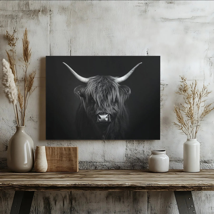 Highland Cow Canvas Wall Art | Monochrome Farmhouse Portrait | 1.25-Inch Gallery Wrap | Minimalist Modern Home Decor Gift