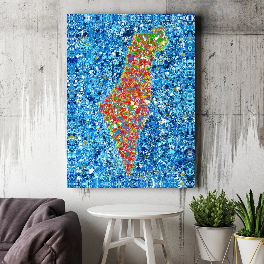 Israel Map Canvas Art | Colorful Abstract Paint Splatter Print | 1.25” Gallery Wrap Premium Decor | Modern Wall Art for Home or Office Gift