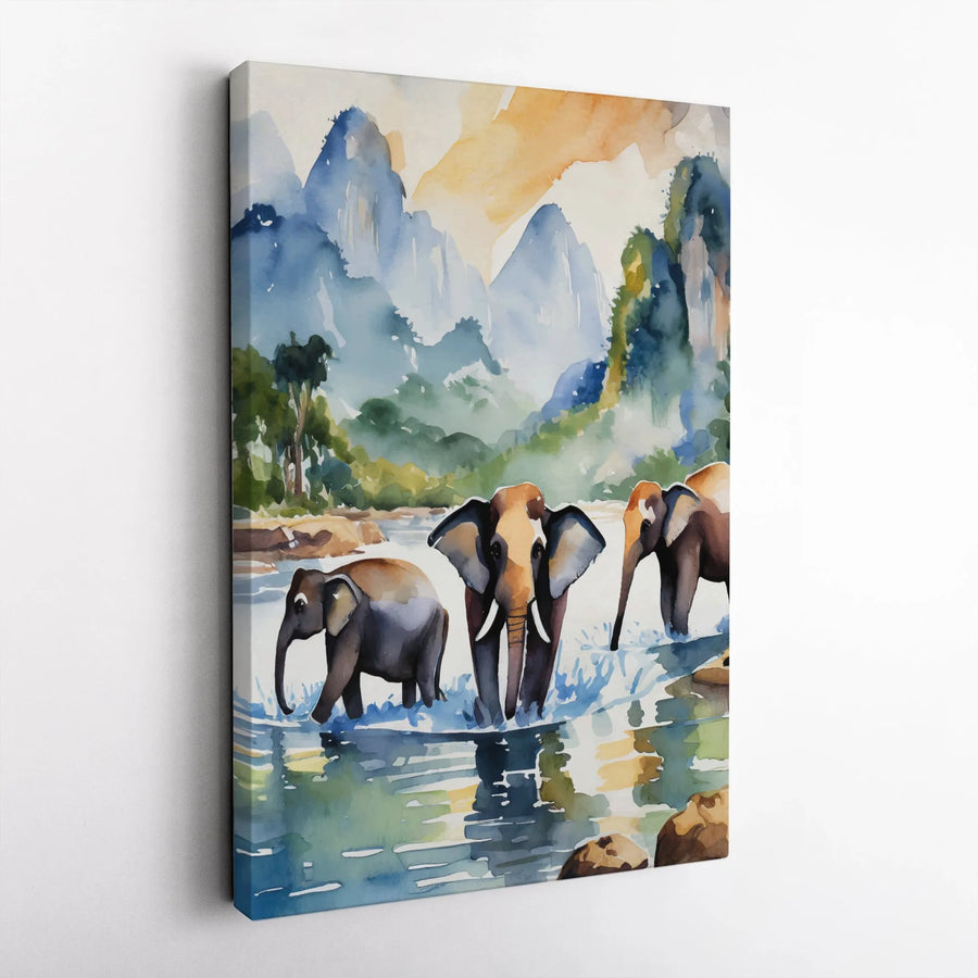 Elephant Watercolor Canvas Print | Majestic Jungle Wildlife River Scenery | Premium 1.25-Inch Gallery Wrap | Nature-Inspired Home Decor Gift