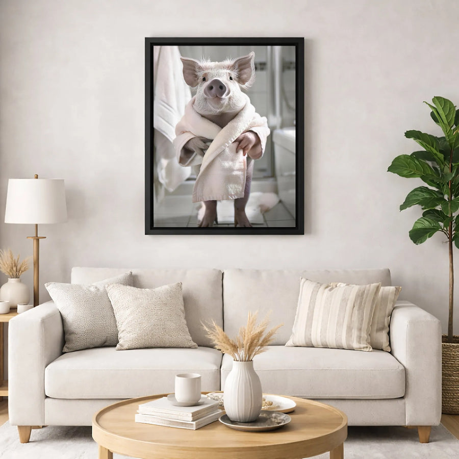 Funny Pig in Bathrobe Canvas Print | Whimsical Farm Animal Bathroom Wall Art | Premium Fade-Resistant Gallery Wrap | Cute Animal Home Decor Gift