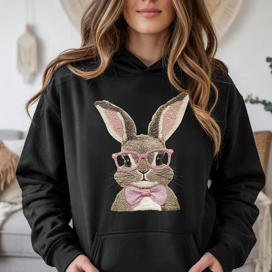 Easter Bunny Hoodie | Cute Rabbit with Pink Glasses and Bowtie | Premium Cotton Blend | Funny Spring Holiday Gift for Women and Men