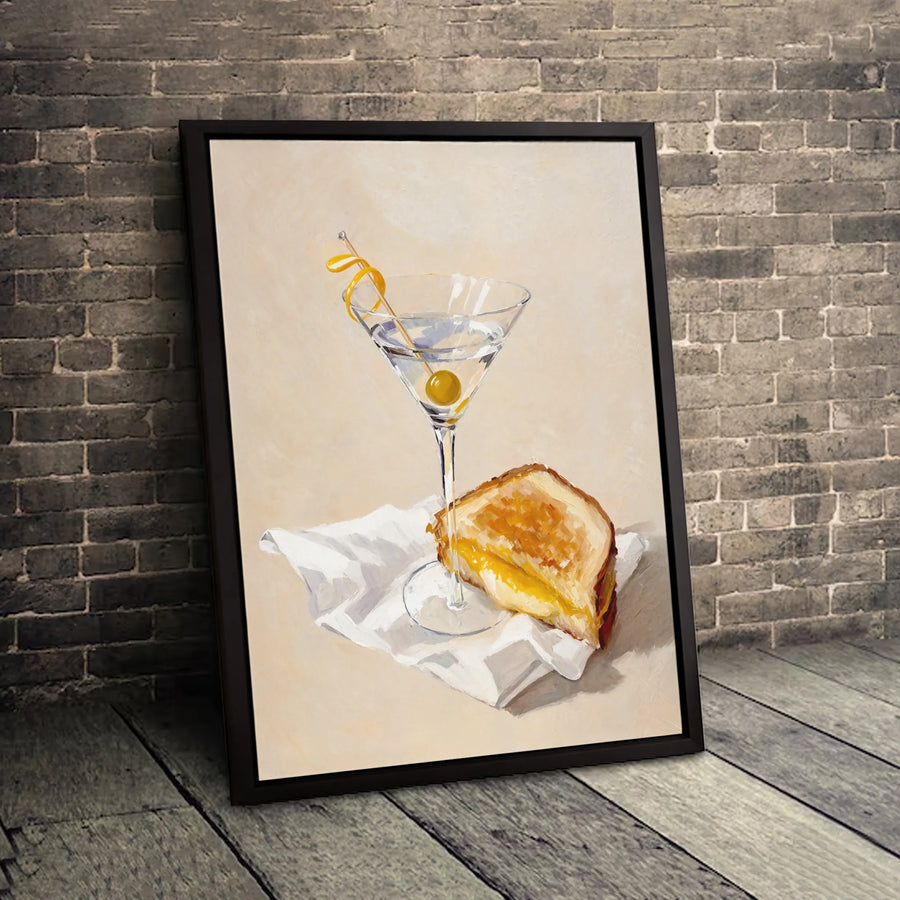 Martini and Grilled Cheese Painting | Oil Style Still Life Art Print | Premium 1.25" Gallery Canvas | Kitchen Decor for Bar Lovers