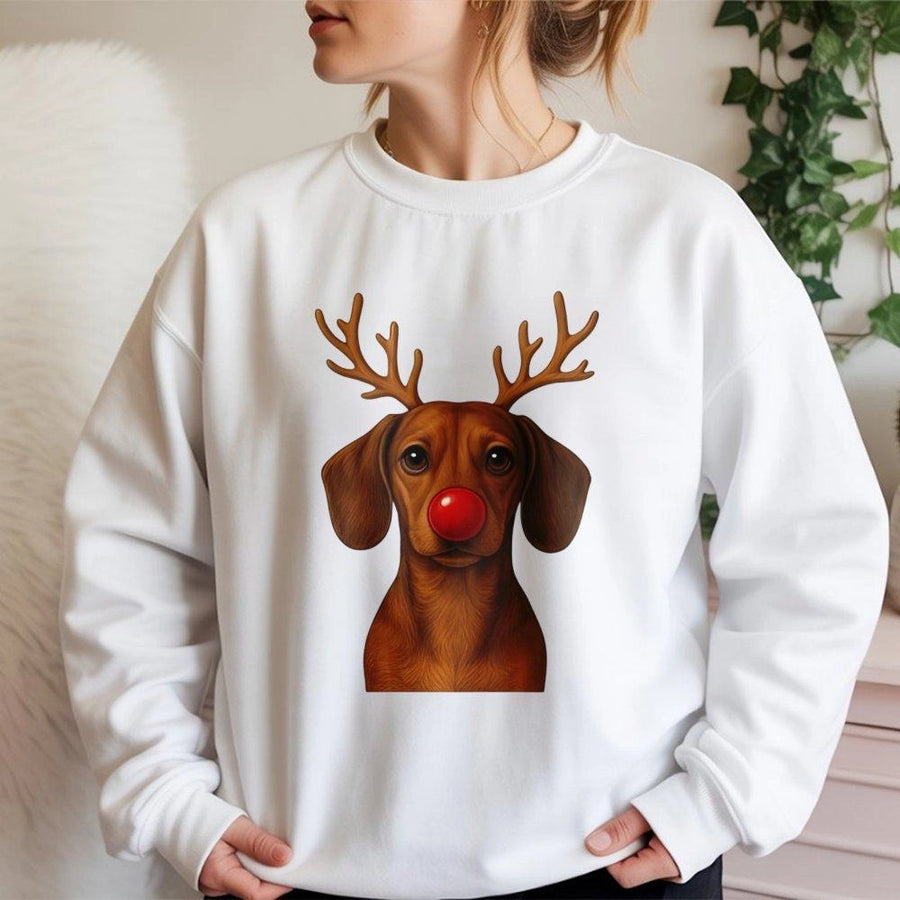 Dachshund Reindeer Sweatshirt | Cute Red Nose Puppy Graphic | Premium Cotton Blend | Funny Christmas Holiday Gift for Dog Lovers