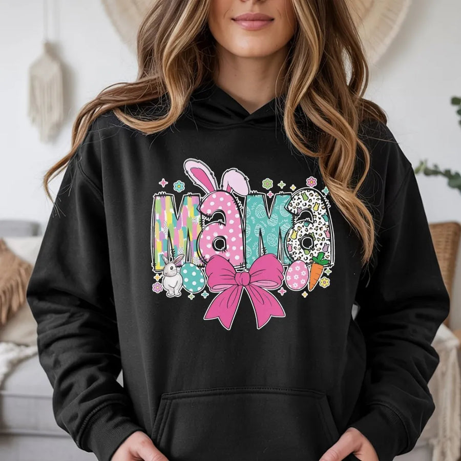 Easter Mama Hoodie | Cute Bunny Floral Text Graphic | Premium Cotton Blend Pullover | Festive Spring Gift For Mom And Grandma
