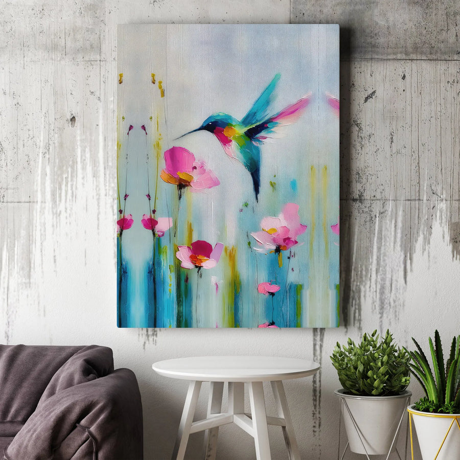 Hummingbird Canvas Wall Art | Vibrant Bird & Abstract Flower Painting | Premium Gallery Wrapped Canvas | Modern Home Decor Gift for Nature Lovers