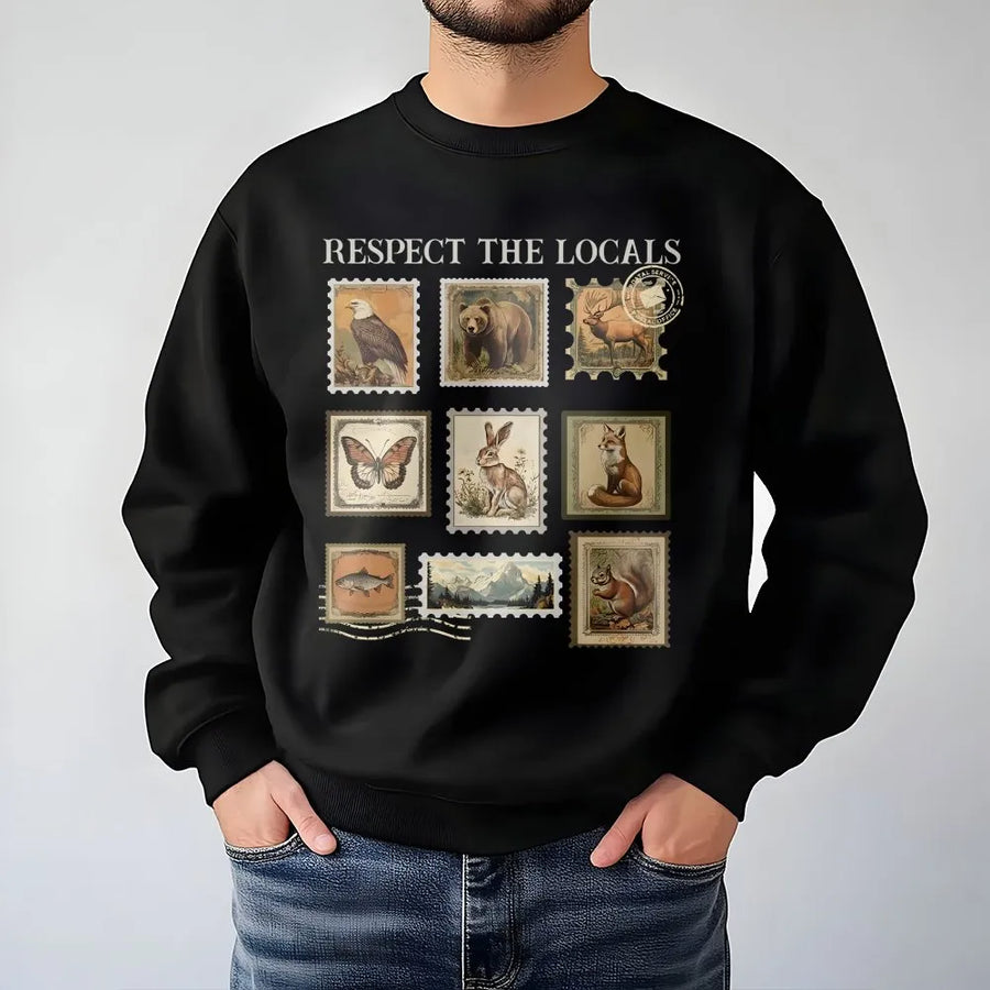 Respect The Locals Wildlife Sweatshirt | Vintage Postage Stamp Animal Graphic | Premium Soft Cotton | Gift for Nature Lover & National Park Hiker