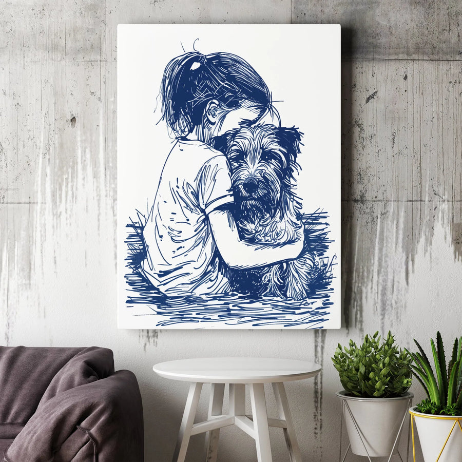 Girl Hugging Dog Canvas Wall Art | Blue Line Sketch Illustration | Premium 1.25-Inch Gallery Wrap | Heartwarming Pet Lover Home Decor Gift