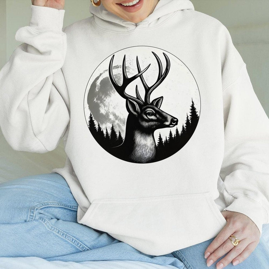 Deer Antler Hoodie | Moonlit Pine Forest Graphic Art | Soft Cotton Blend Premium Pullover | Outdoor Hunting Nature Gift For Wildlife Lovers