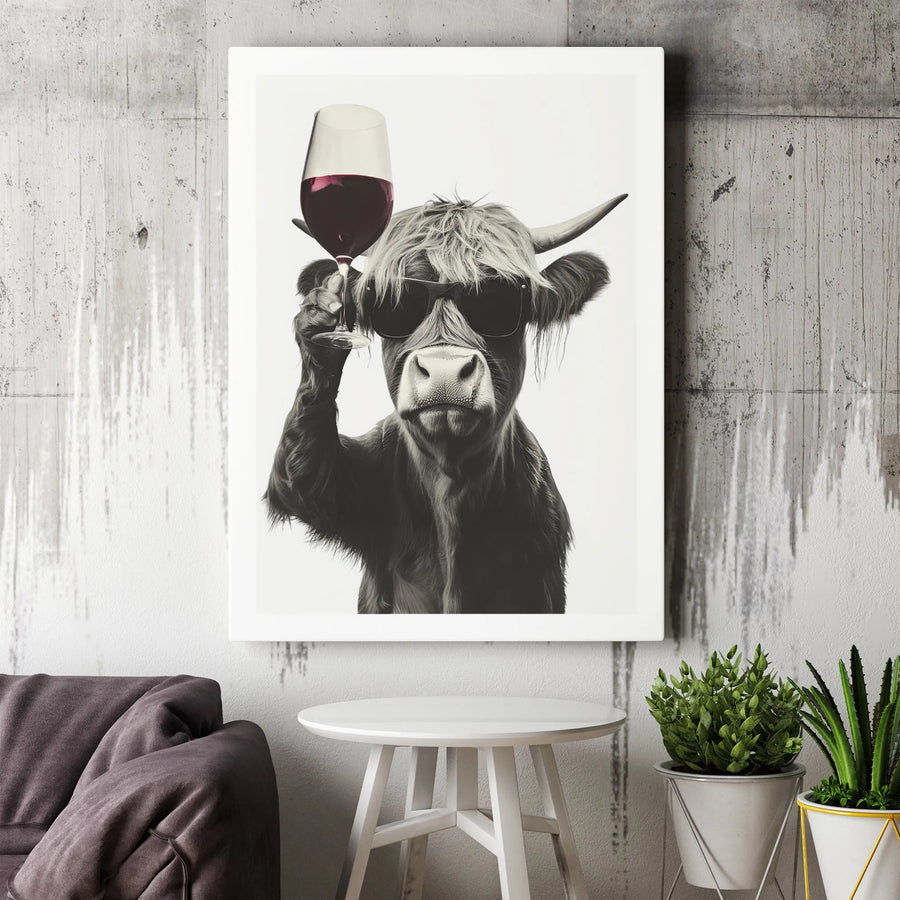 Highland Cow Wall Art | Funny Animal Portrait With Wine | Premium Gallery Wrap Canvas | Rustic Modern Farmhouse Home Decor Gift