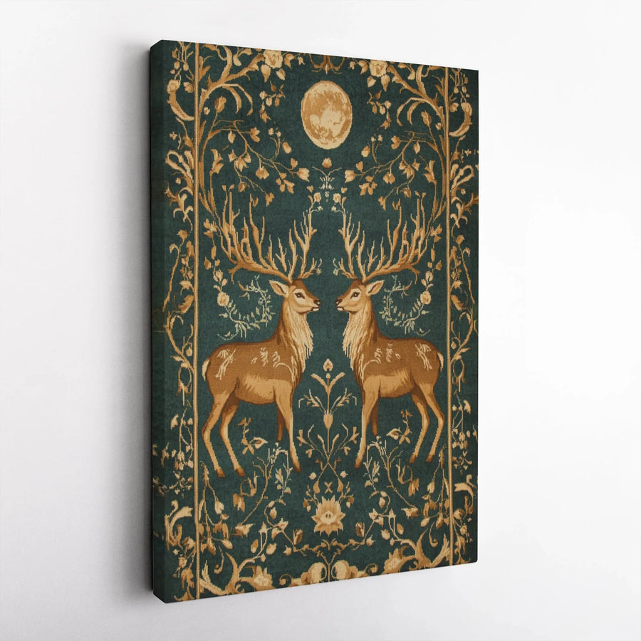 Two Stags Canvas Wall Art | Moonlit Woodland Deer Tapestry Design | Premium Gallery Wrap Print | Nature-Inspired Home Decor Gift