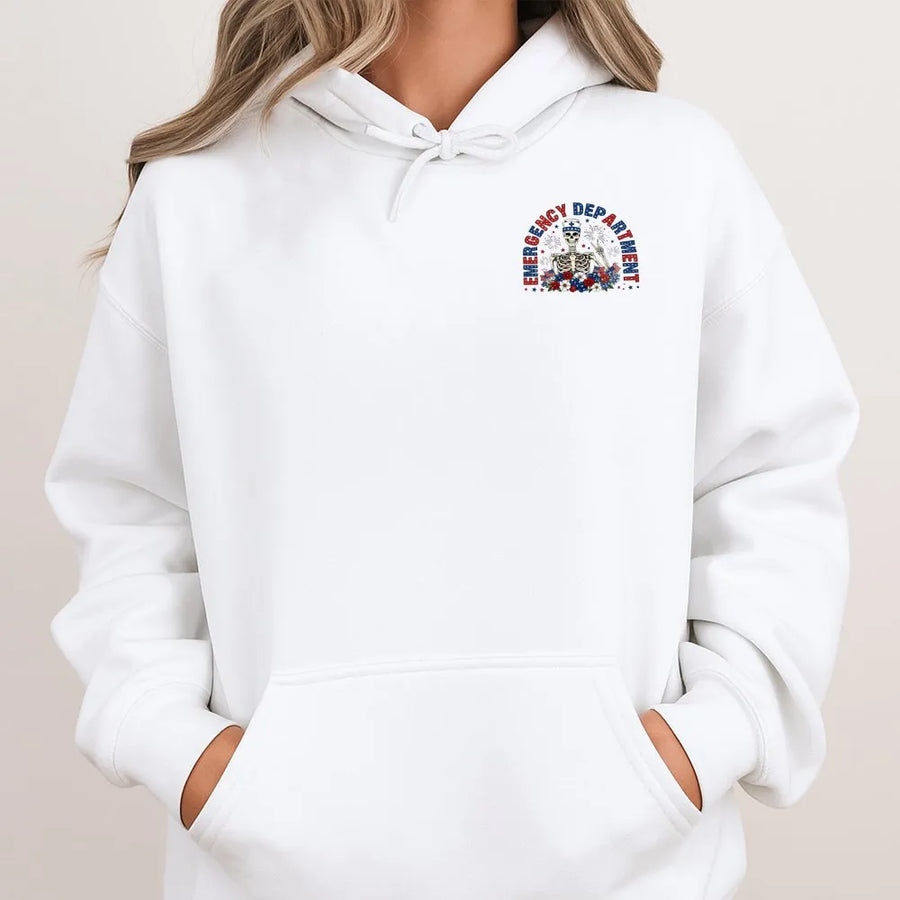 Emergency Department Hoodie | Patriotic Skeleton Graphic | Soft Cotton Blend | Premium Gift for ER Nurse or Doctor
