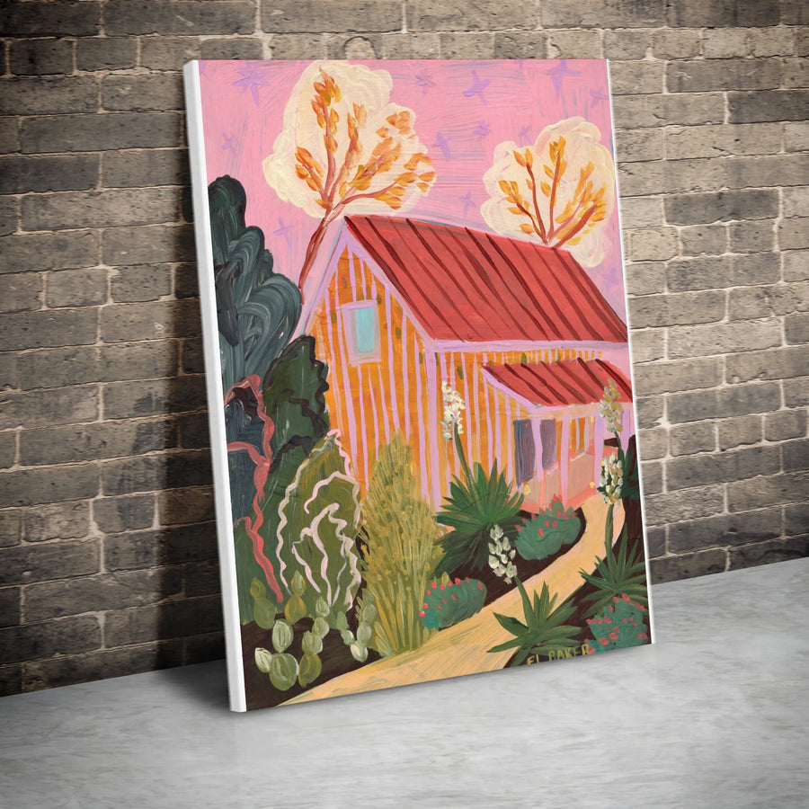 Hill Country Cottage Canvas Wall Art | Pink Sky Countryside Painting | Premium Gallery Wrapped Canvas | Modern Farmhouse Decor Gift