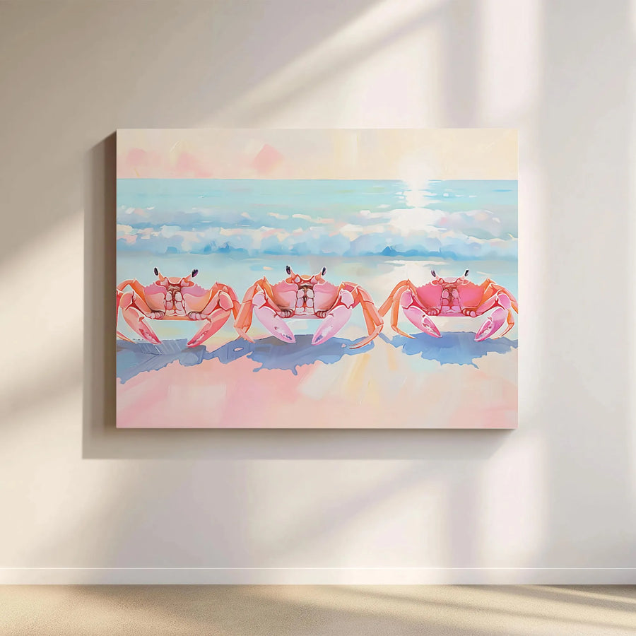 Coastal Crab Canvas Art | Modern Pastel Seascape with Three Crabs | Premium Fade-Resistant Print | Beach House Home Decor Gift