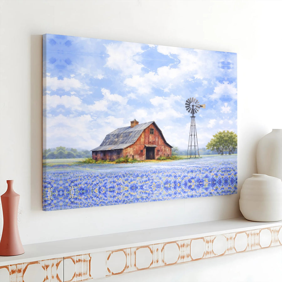 Texas Bluebonnet Canvas Wall Art | Rustic Red Barn and Windmill Painting | Premium Gallery Wrapped Art | Farmhouse Living Room Decor Gift