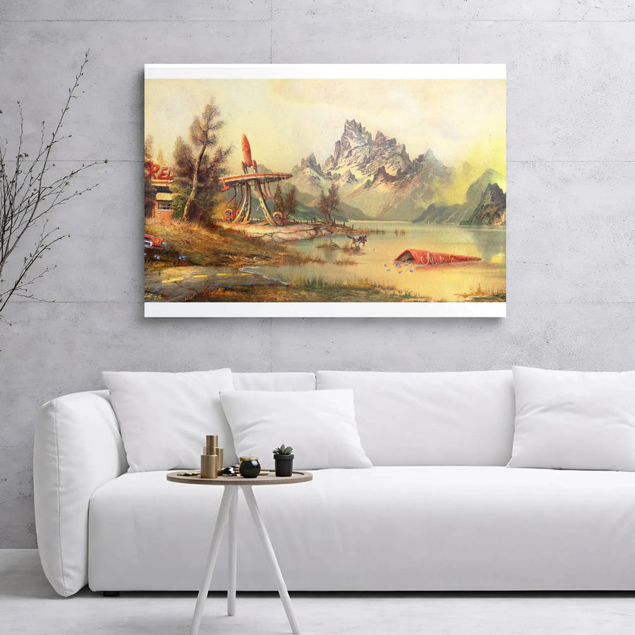 Post-Apocalyptic Rocket Station Canvas | Sci-Fi Landscape Retro Wasteland Art | Premium Gallery Wrapped Decor | Gift for Gamer and Collector