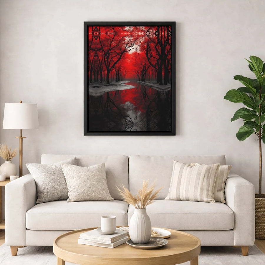 Red Forest River Canvas Wall Art | Surreal Gothic Nature Landscape | Premium Gallery-Wrapped Print | Moody Modern Home Decor Statement Piece