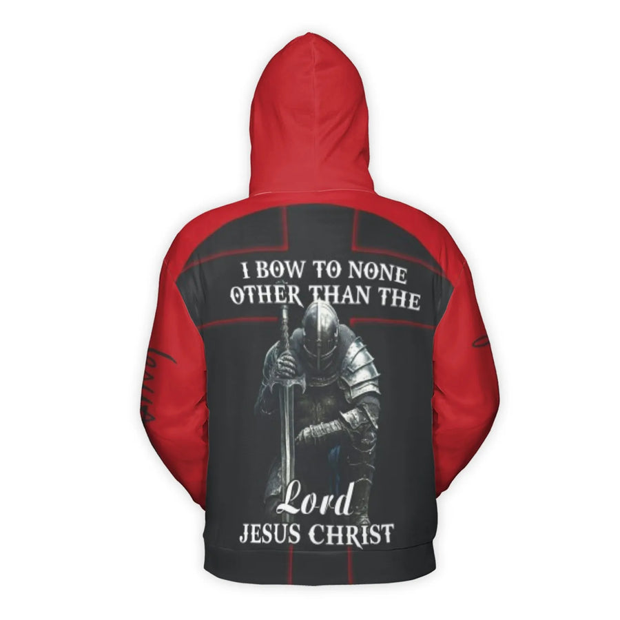 Kneeling Knight Hoodie | I Bow To None Jesus Christ Graphic | Premium Brushed Fleece All-Over Print | Christian Faith Apparel Gift For Men