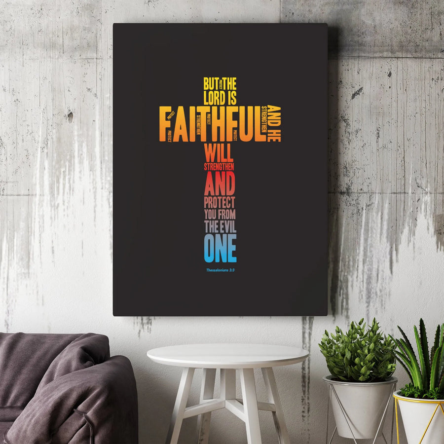 Bible Verse Canvas Print | Thessalonians 3:3 Typography Cross Art | Premium Gallery Wrap | Inspirational Christian Gift for Home Decor