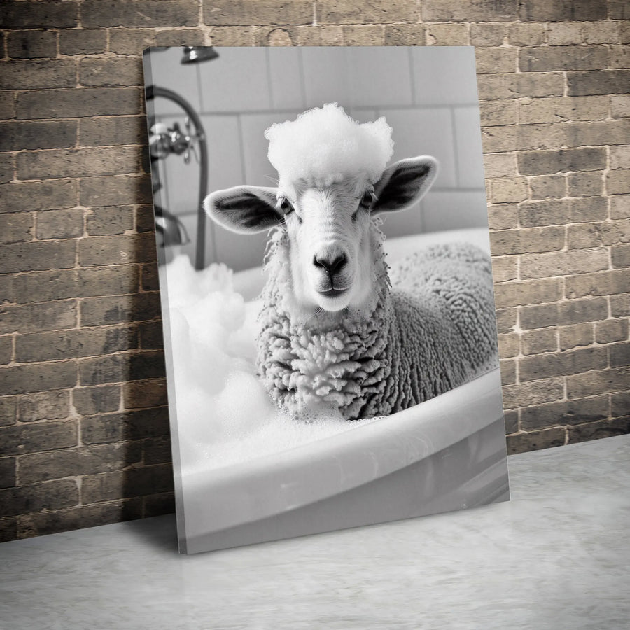 Sheep In Bathtub Wall Art | Funny Farmhouse Bathroom Decor | Premium Gallery Wrap Canvas | Unique Animal Lover Gift