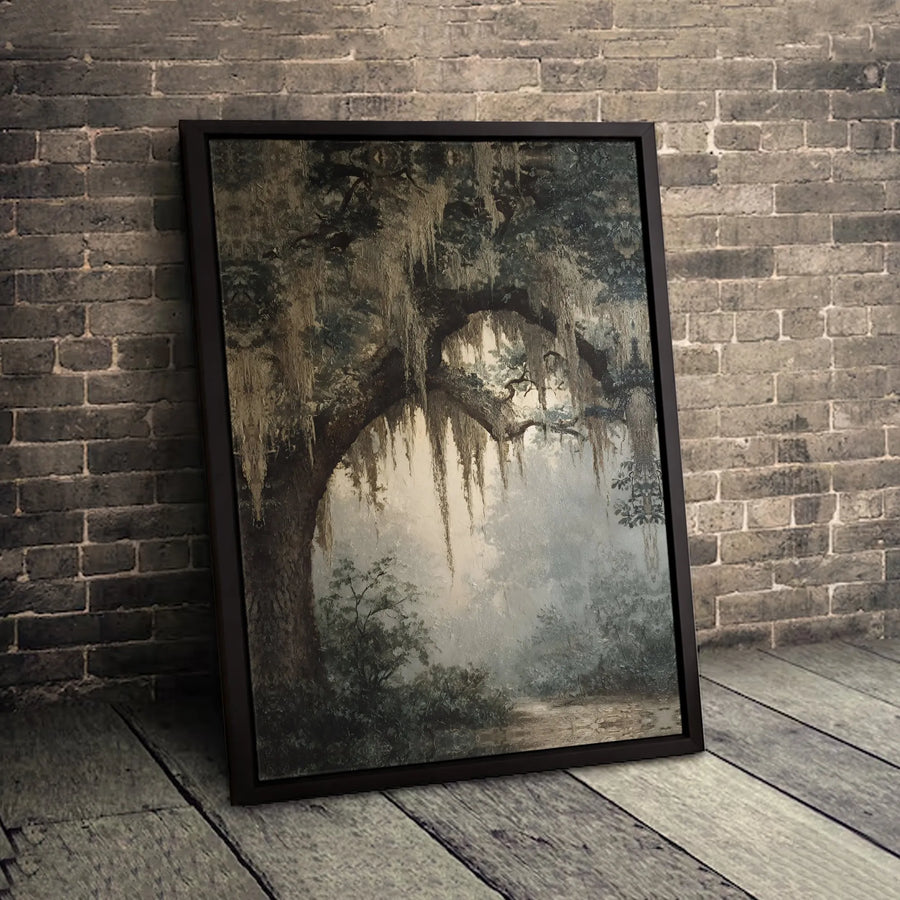 Southern Oak Tree Canvas Art | Misty Spanish Moss Landscape | Premium Gallery-Wrapped Print | Moody Nature Wall Decor for Living Room