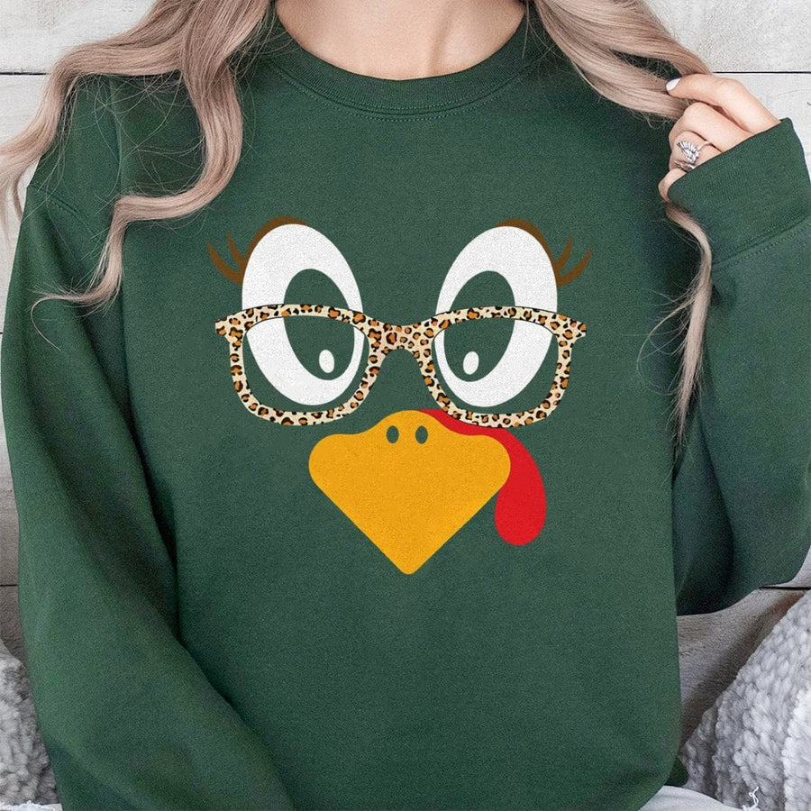 Thanksgiving Turkey Sweatshirt | Leopard Print Glasses Funny Graphic | Premium Cotton Blend | Fall Holiday Outfit Gift For Her