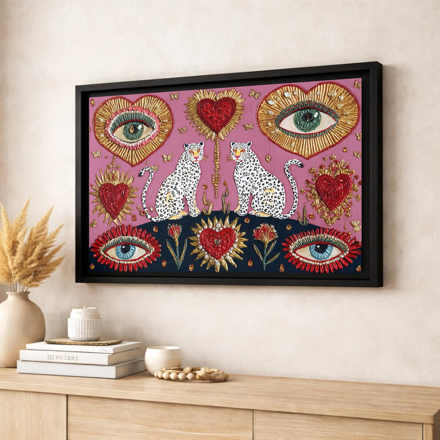 Twin Leopard Canvas Art | Sacred Heart and Evil Eye Wall Decor | Gallery-Wrapped Premium Print | Boho Spiritual Home Office Gift