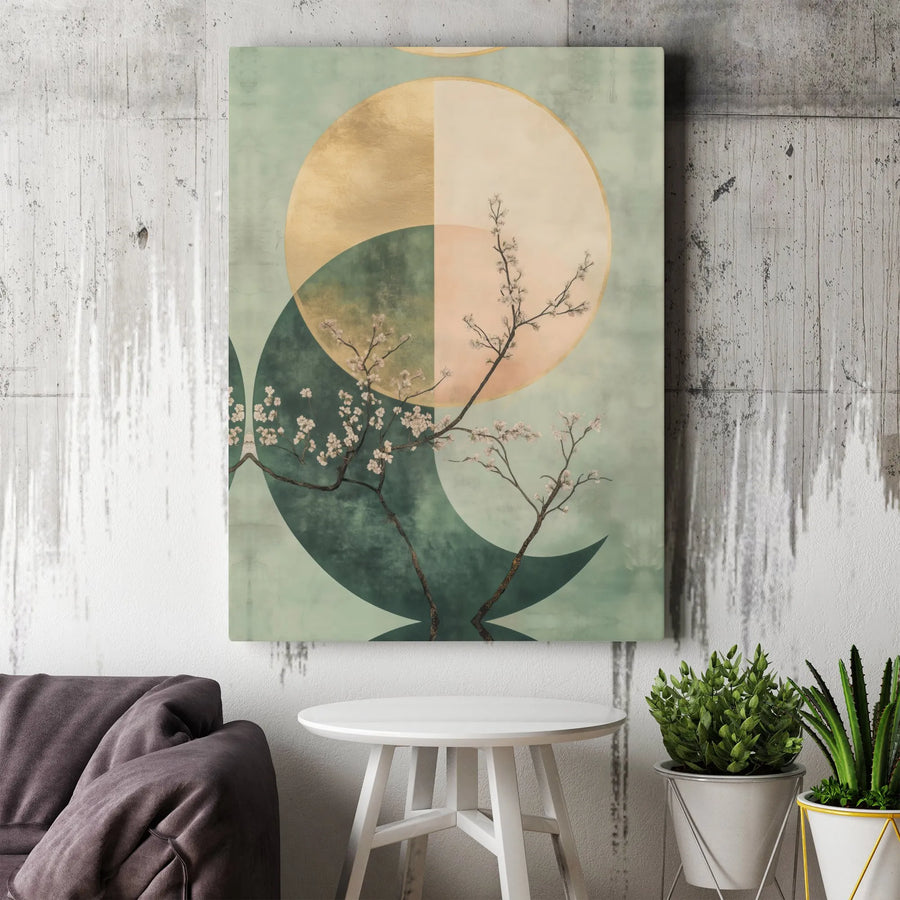 Japandi Cherry Blossom Canvas Wall Art | Minimalist Floral with Geometric Sun | Premium Gallery Wrapped Canvas | Modern Home Decor Gift