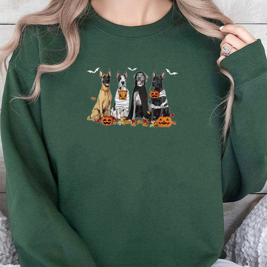 Great Dane Halloween Sweatshirt | Spooky Dogs Pumpkin Patch Graphic | Premium Cotton Blend Crewneck | Cute Dog Lover Fall Gift