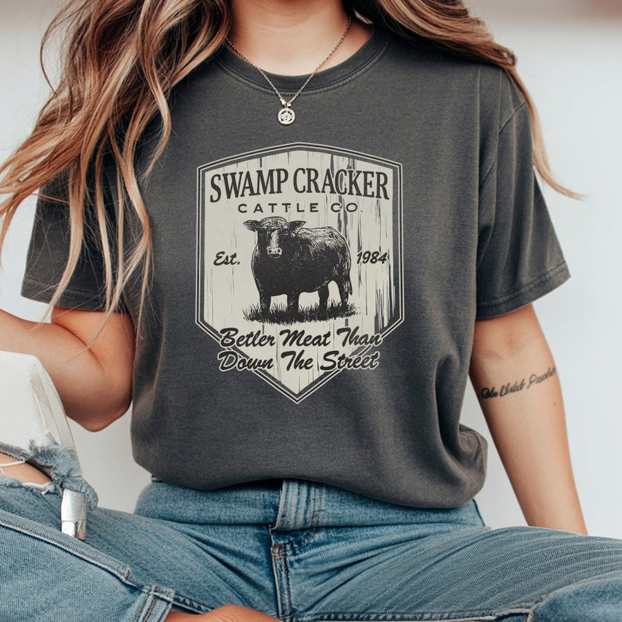 Swamp Cracker Cattle Co T-Shirt | Funny Farm Graphic Logo | 100% Cotton Premium Tee | Unique Beef Lover Gift for Ranchers and Farmers