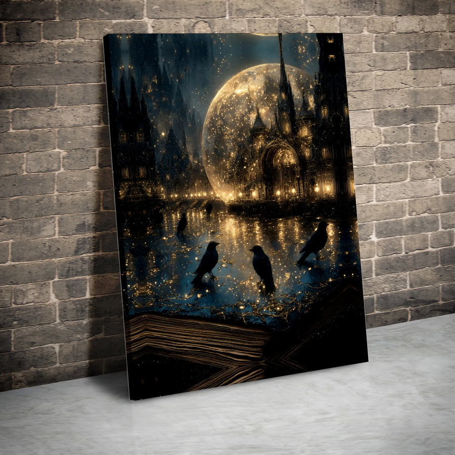 Gothic Castle Canvas Wall Art | Magical Crow Moon Fantasy Print | 1.25-Inch Premium Gallery Wrap | Dark Academia Home Decor Gift