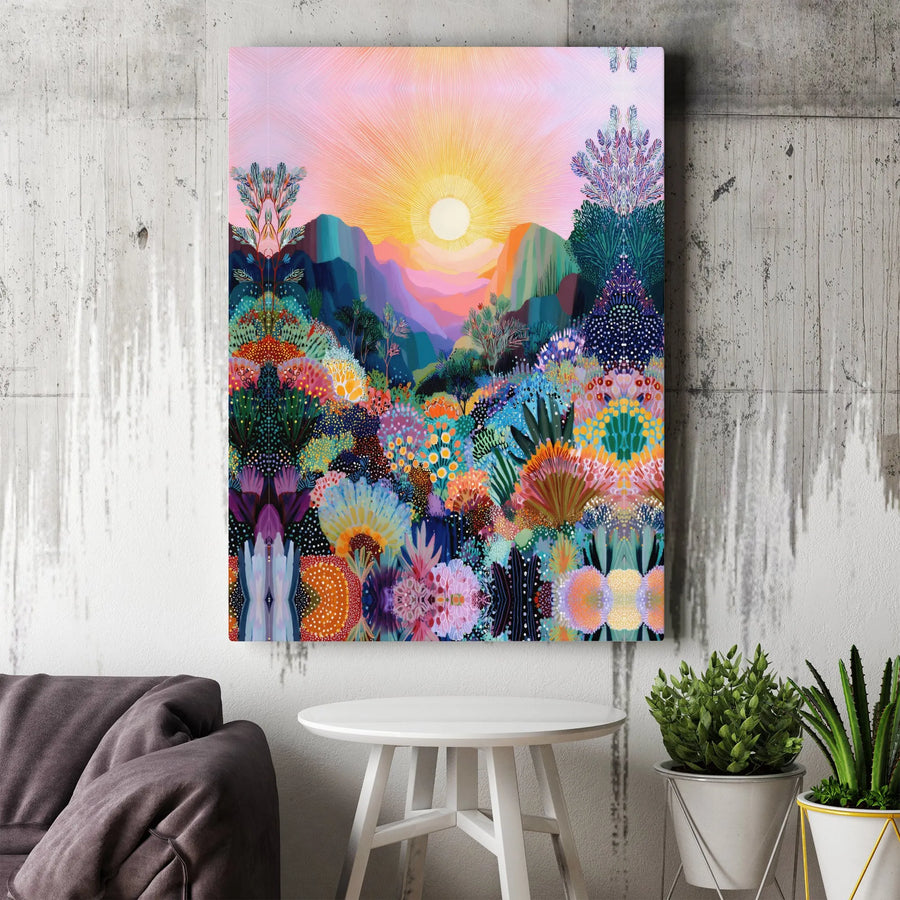 Vibrant Sunset Mountain Vertical Canvas | Whimsical Wildflower Meadow Wall Art | Premium 1.25 Inch Gallery Style Canvas | Aesthetic Living Room Decor Gift