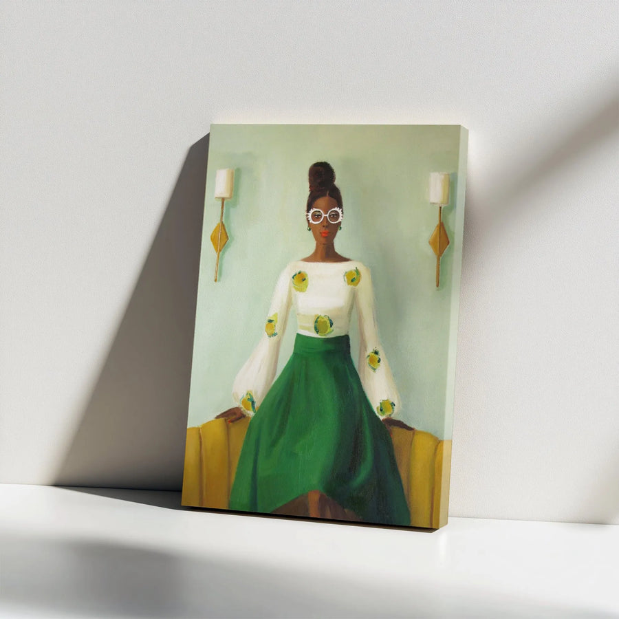 African American Art Vertical Canvas | Modern Black Woman Portrait with Puff Sleeves | Premium Gallery Wrapped Print | Living Room Wall Decor Gift